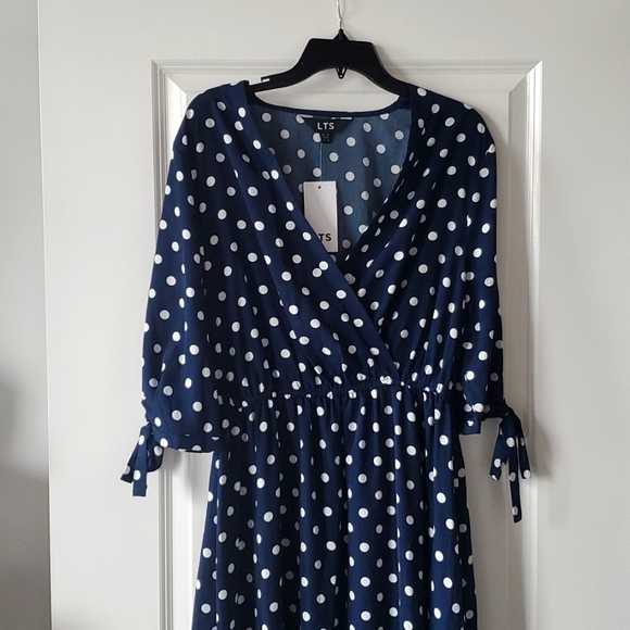Long Tall Sally Navy Blue white polka dot tie sleeve midi dress US Size 10 - Picture 7 of 12